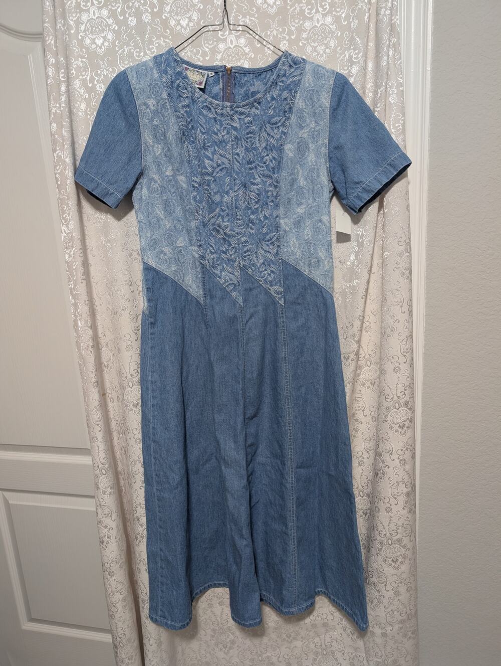 Vintage Monique Fashions Two Tone Denim Embroidered Maxi Dress Sz6
